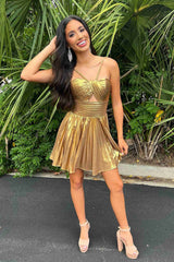 Halter Champagne Metallic Keyhole Pleated A-Line Cocktail Dress