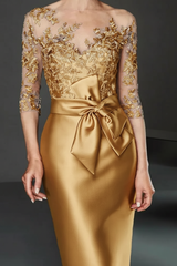 Bateau 3/4 Long Sleeves Satin Mother of the Bride Dresses with Lace