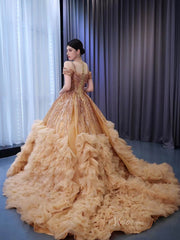 Gold Beaded Tiered Sweet 16 Ball Gowns Off the Shoulder Wedding Dresses 231055