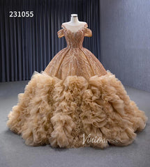 Gold Beaded Tiered Sweet 16 Ball Gowns Off the Shoulder Wedding Dresses 231055