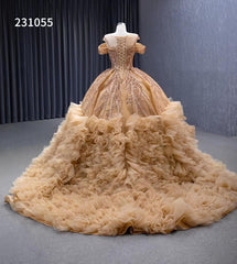 Gold Beaded Tiered Sweet 16 Ball Gowns Off the Shoulder Wedding Dresses 231055