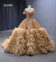 Gold Beaded Tiered Sweet 16 Ball Gowns Off the Shoulder Wedding Dresses 231055