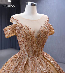 Gold Beaded Tiered Sweet 16 Ball Gowns Off the Shoulder Wedding Dresses 231055