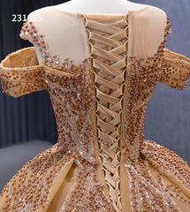 Gold Beaded Tiered Sweet 16 Ball Gowns Off the Shoulder Wedding Dresses 231055