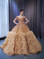 Gold Beaded Tiered Sweet 16 Ball Gowns Off the Shoulder Wedding Dresses 231055