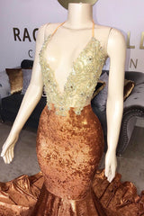Gold Brown Halter Mermaid Velvet Beadings Prom Dress