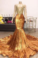 Gold Brown Halter Mermaid Velvet Beadings Prom Dress