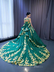 Gold Flower Green Wedding Dresses Sparly Tulle Ball Gowns 231050