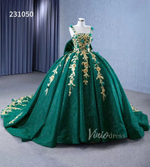 Gold Flower Green Wedding Dresses Sparly Tulle Ball Gowns 231050
