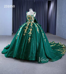 Gold Flower Green Wedding Dresses Sparly Tulle Ball Gowns 231050