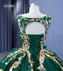 Gold Flower Green Wedding Dresses Sparly Tulle Ball Gowns 231050
