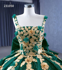 Gold Flower Green Wedding Dresses Sparly Tulle Ball Gowns 231050