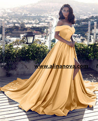 Off Shoulder Long Satin Prom Dresses Womens Formal Evening Gowns