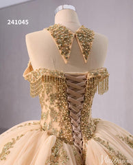 Gold Green Beaded Sequin Lace Wedding Gown Halter Neck Quinceanera Dress 241045