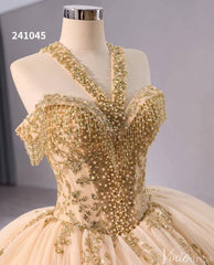 Gold Green Beaded Sequin Lace Wedding Gown Halter Neck Quinceanera Dress 241045