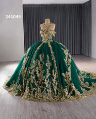 Gold Green Beaded Sequin Lace Wedding Gown Halter Neck Quinceanera Dress 241045
