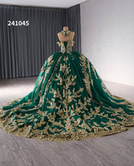 Gold Green Beaded Sequin Lace Wedding Gown Halter Neck Quinceanera Dress 241045