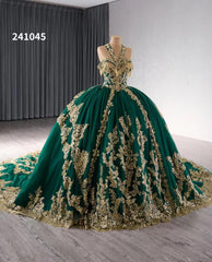 Gold Green Beaded Sequin Lace Wedding Gown Halter Neck Quinceanera Dress 241045