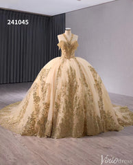 Gold Green Beaded Sequin Lace Wedding Gown Halter Neck Quinceanera Dress 241045