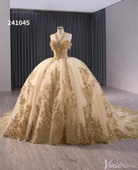 Gold Green Beaded Sequin Lace Wedding Gown Halter Neck Quinceanera Dress 241045
