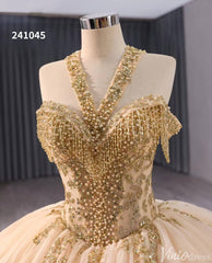 Gold Green Beaded Sequin Lace Wedding Gown Halter Neck Quinceanera Dress 241045