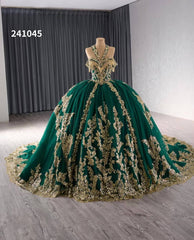 Gold Green Beaded Sequin Lace Wedding Gown Halter Neck Quinceanera Dress 241045