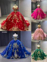 Gold Lace Appliqued Tulle Ball Gown Wedding Dress Sweet 16 Dress 231062