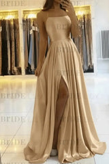 Simple Prom Dress Long With Spaghetti Straps Front Slit Satin Evening Dress