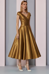 Navy Satin A-Line Mother of the Bride Dress V Neck Tea Length Wedding Guest Dress