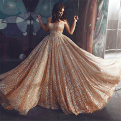 Gold Sequins Long Prom Dress Spaghetti Straps Aline Evening Dress Sweetheart