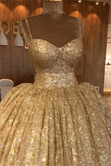 Gold Sequins Spaghetti Straps Lace Up Beadings Ball Gown for Party