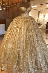 Gold Sequins Spaghetti Straps Lace Up Beadings Ball Gown for Party