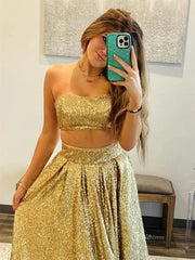 Gold Sparkly Sequin Tow-Piece Prom Dresses - FD5184