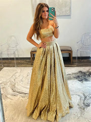 Gold Sparkly Sequin Tow-Piece Prom Dresses - FD5184