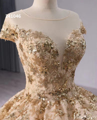 Gold Starry Lace Wedding Gown Overskirt Cap Sleeve Quinceanera Dress 241046