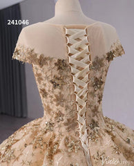 Gold Starry Lace Wedding Gown Overskirt Cap Sleeve Quinceanera Dress 241046