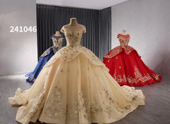 Gold Starry Lace Wedding Gown Overskirt Cap Sleeve Quinceanera Dress 241046