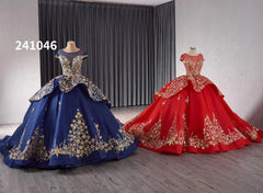 Gold Starry Lace Wedding Gown Overskirt Cap Sleeve Quinceanera Dress 241046