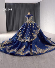 Gold Starry Lace Wedding Gown Overskirt Cap Sleeve Quinceanera Dress 241046