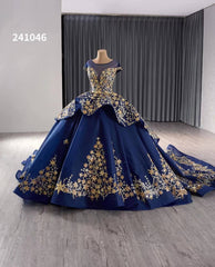 Gold Starry Lace Wedding Gown Overskirt Cap Sleeve Quinceanera Dress 241046