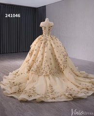 Gold Starry Lace Wedding Gown Overskirt Cap Sleeve Quinceanera Dress 241046