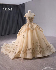 Gold Starry Lace Wedding Gown Overskirt Cap Sleeve Quinceanera Dress 241046