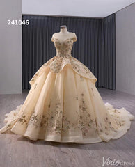 Gold Starry Lace Wedding Gown Overskirt Cap Sleeve Quinceanera Dress 241046