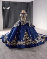 Gold Starry Lace Wedding Gown Overskirt Cap Sleeve Quinceanera Dress 241046