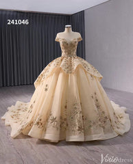 Gold Starry Lace Wedding Gown Overskirt Cap Sleeve Quinceanera Dress 241046