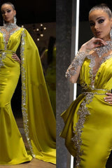 Gold Yellow High Neck Ruffles Long Sleeves Prom Dress with Crystal