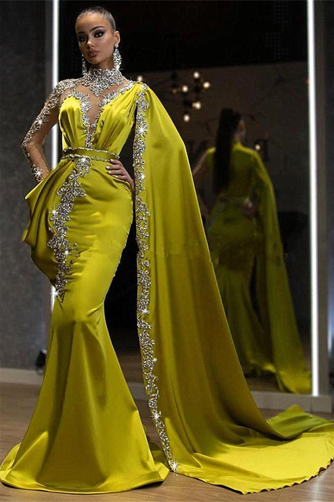 Gold Yellow High Neck Ruffles Long Sleeves Prom Dress with Crystal