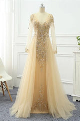 Gorgeous Sheer Long Sleeves Beaded Prom Dress
