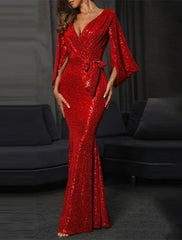 Women's Cocktail Party Dress New Year's Eve Dress Homecoming Dress Wedding Guest Dress Sequin Dress Long Dress Maxi Dress Red Long Sleeve Lace up