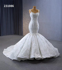 Gorgeous Beaded Lace Wedding Dresses Mermaid Spaghetti Strap Bridal Gown 231086